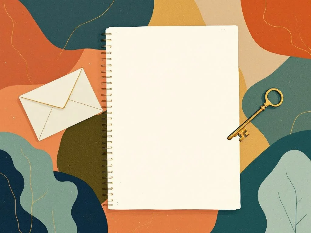 A page from a private notebook, a half-open envelope, a key on a writing desk — feminine but not stock. Etching style, single ink line. The image should feel like 'this room is hers.'