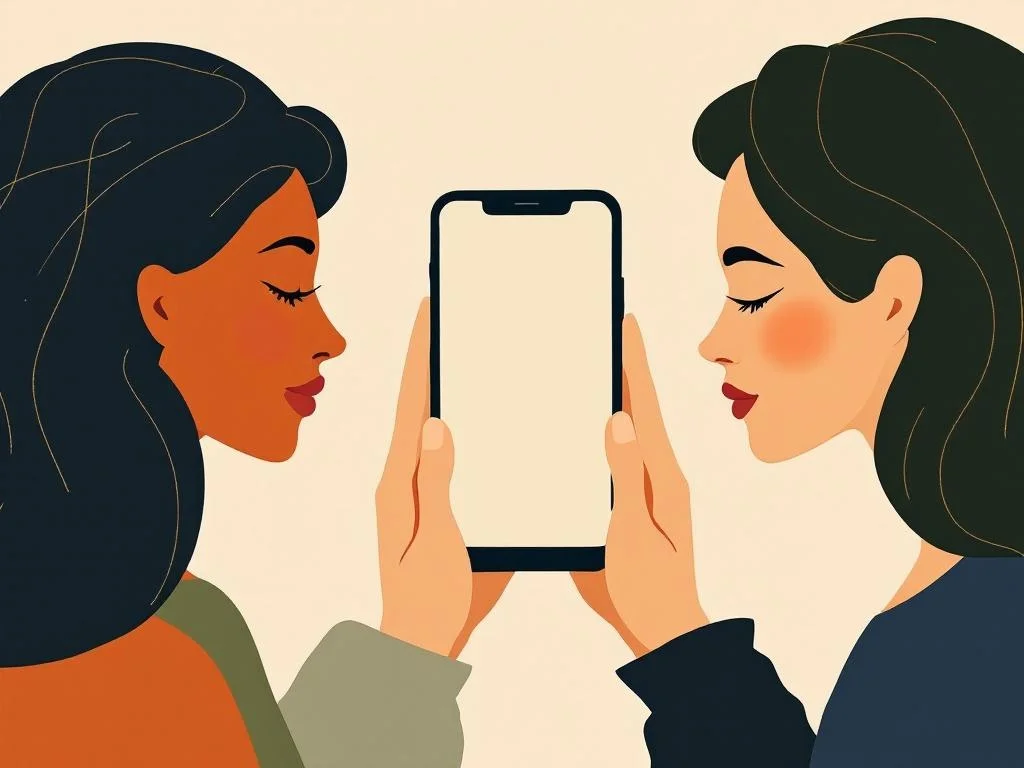 Two pairs of hands at a phone screen on a private group thread, the screen warm-lit, no faces in frame. Quiet, intimate, the sense of couples talking to couples without performance. Editorial, oxblood and amber.