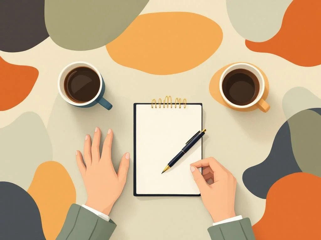A small notebook on a kitchen table with a fountain pen across it, two coffees on either side. Domestic, clear, structural. Editorial.
