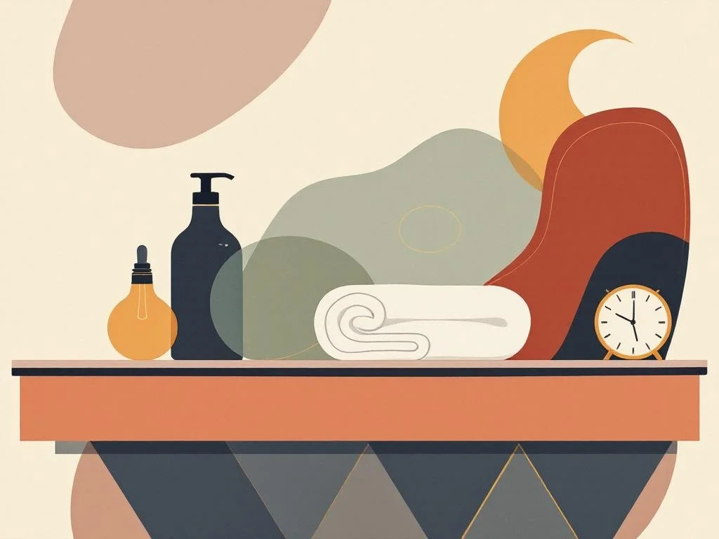 A bathroom counter — a small rubber bulb, a folded white towel, a bottle of warm water, a clock reading 7:40. The kit of someone whose protocol is ordinary. Editorial, calm, wine on cream tones.