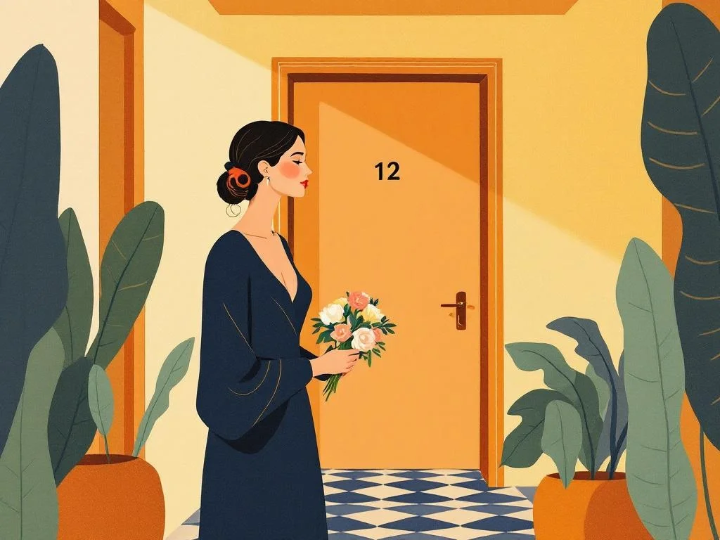 A hotel hallway at evening, a closed door numbered, a small bouquet of flowers held just out of frame, the lighting low and observational. The arriving guest, considered. Editorial.
