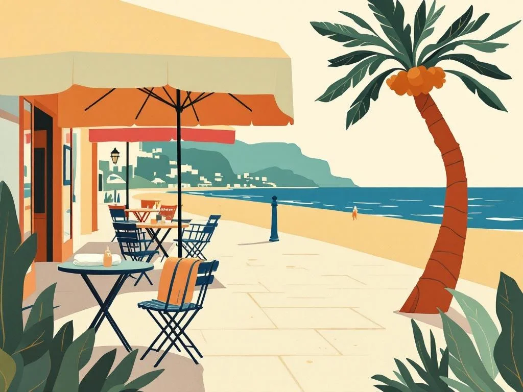 A wide low view of a quiet beachfront promenade at late afternoon — empty café tables, a folded towel on a chair, the line of the sea behind. Editorial illustration; calm, observational, no figures.