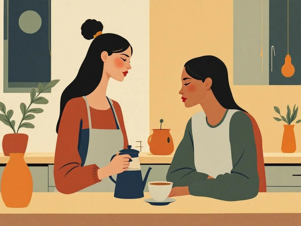 Two figures at a kitchen counter the morning after — one pouring coffee, one watching, both quiet. Domestic, intimate, unspectacular. The dynamic in its boring register, where it actually lives.