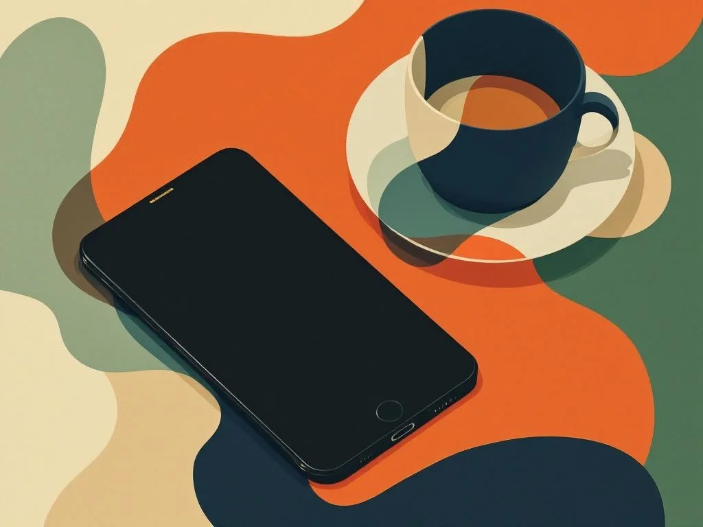 A phone face-up on a kitchen table, screen dark, a notebook beside it with a few names written and crossed through. The work of selection, not the moment of encounter. Editorial.