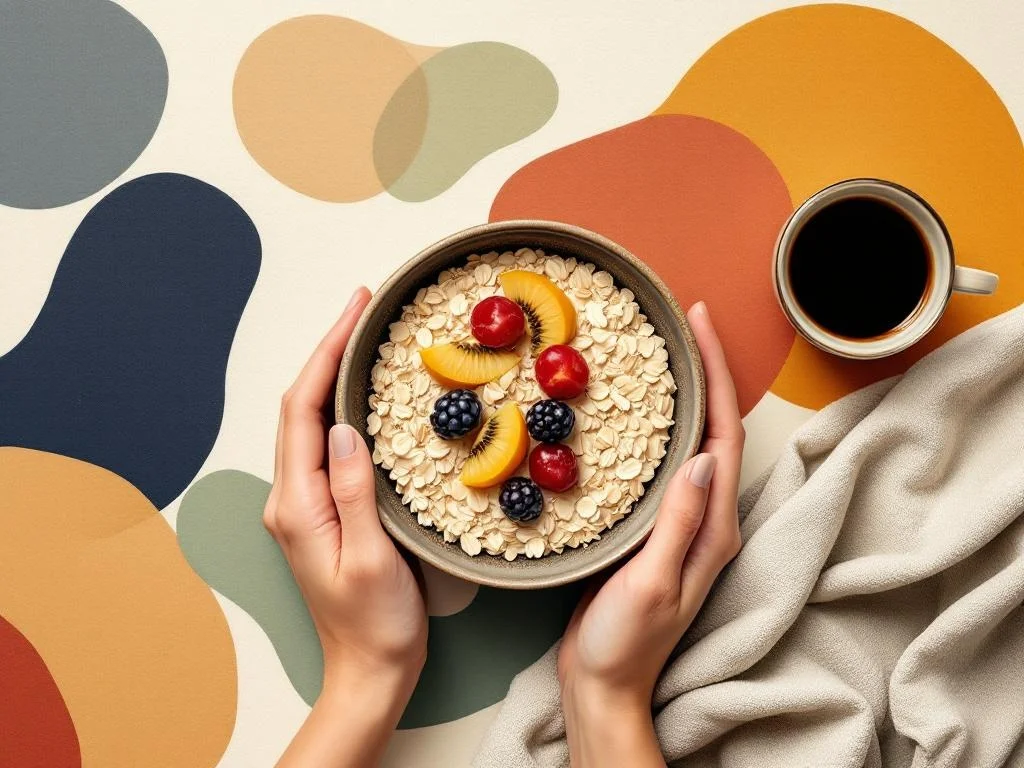 An overhead still-life — a bowl of oats with kiwi, a small glass of water with a teaspoon of psyllium, a black coffee, a folded towel. The camera reads it as a morning protocol, not a recipe. Editorial photo, wine on cream tones.