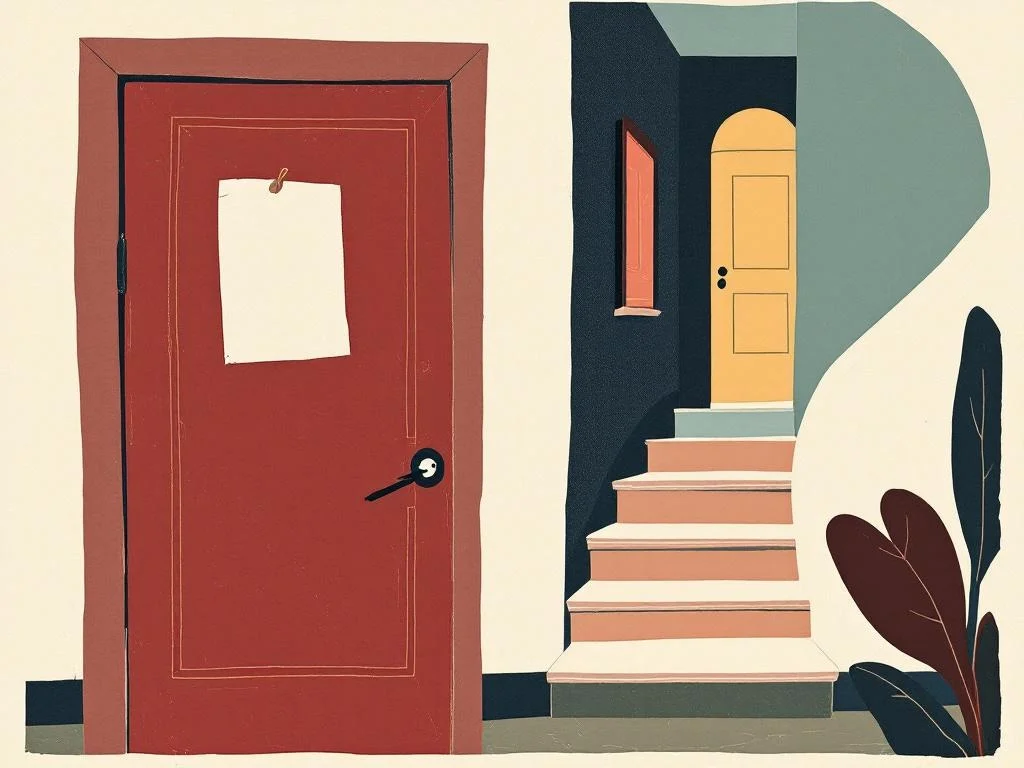 A bedroom door with a note tacked to it; a stair landing; a closed second door visible beyond. Domestic architecture, not the bedroom itself. Etching, wine on cream.