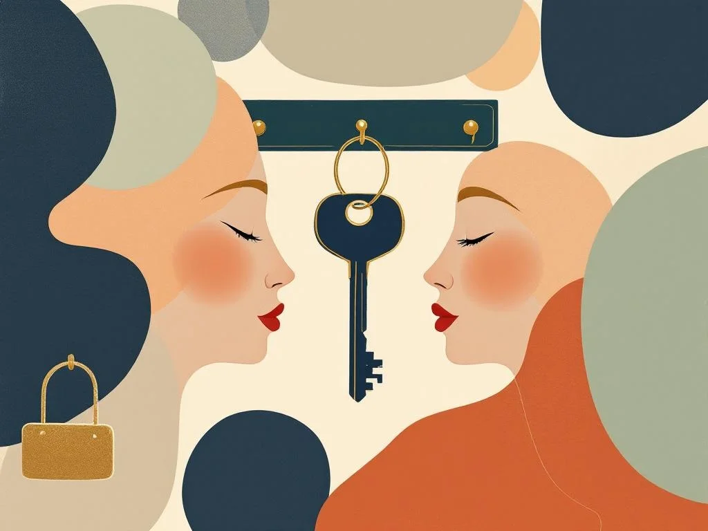 Three keys on a hook, one labeled, one not. Or a guest book with a single line of handwriting. Etching style, wine on cream. The signal is selection, not seduction.