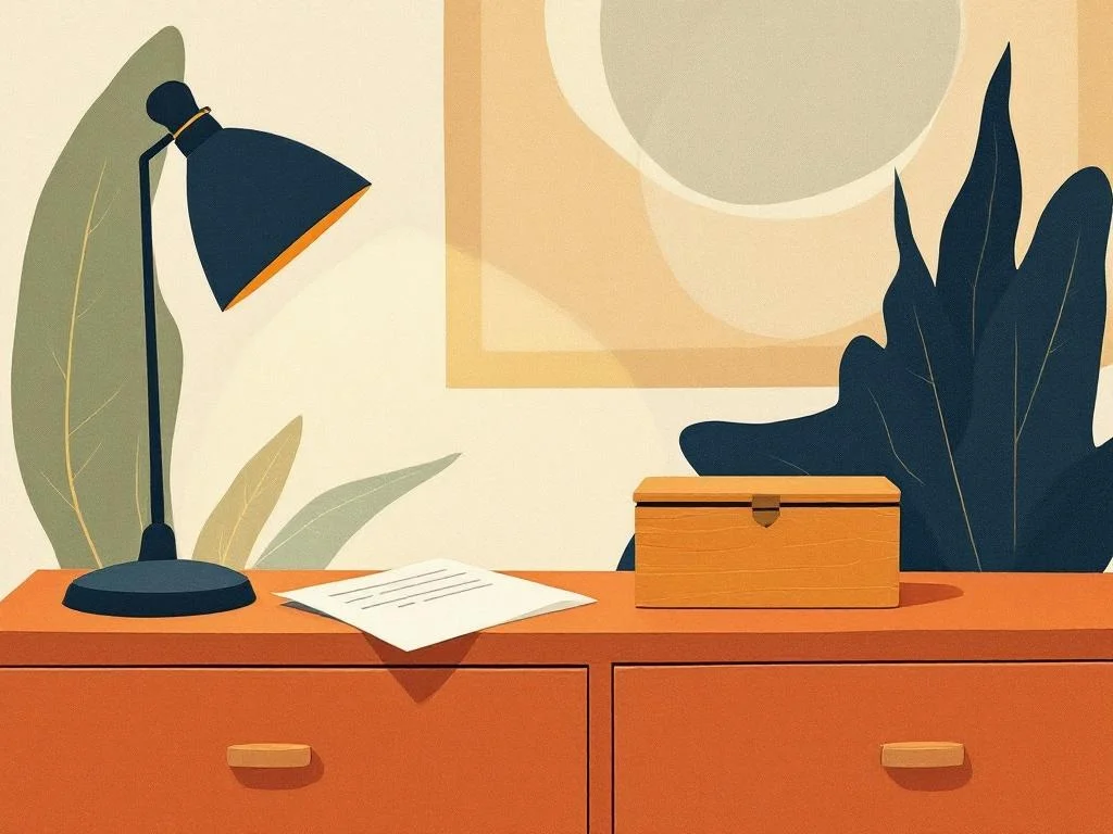A small wooden box on a dresser, a folded letter beside it, a dim lamp. Domestic, quietly archival, the patina of years. Editorial illustration.