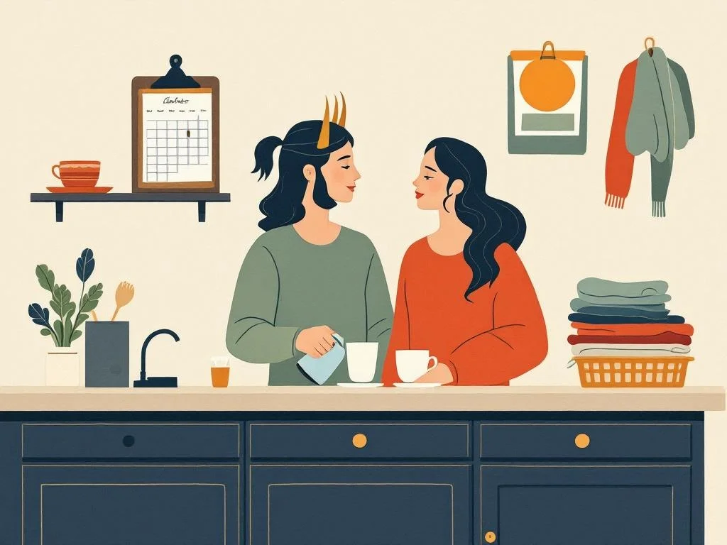 An ordinary kitchen — coffee being poured for two, a calendar magnet, a folded laundry stack. The signal is daily life, not theatre. The FLR most couples actually live.