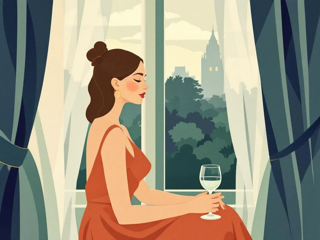 A woman alone at a hotel room window in the late afternoon, a glass of water on the sill, the room reflected behind her. Composed, unhurried, unobserved. Editorial.
