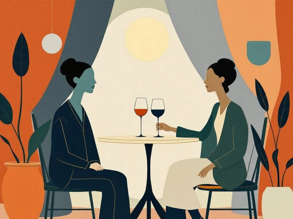 A small kitchen table at night, two glasses, one chair pushed back — line drawing, wine on cream. The room where the conversation actually happens, not where the fantasy is.