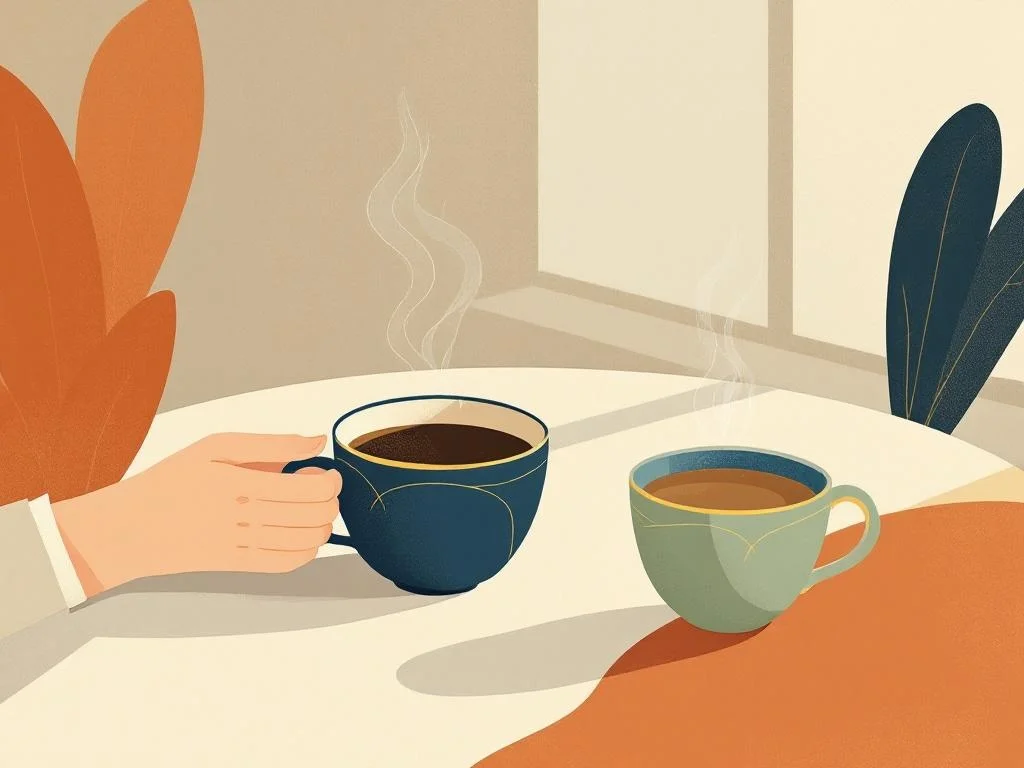 Two cups of coffee on a kitchen table, both half-full, soft morning light. The conversation has just begun. Editorial.