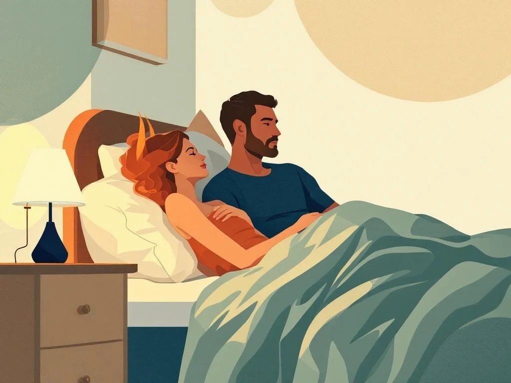 A bedside lamp on, a folded sheet, the husband sitting on the side of the bed in profile, calm rather than distressed, mid-thought. Editorial, daylit, no drama.