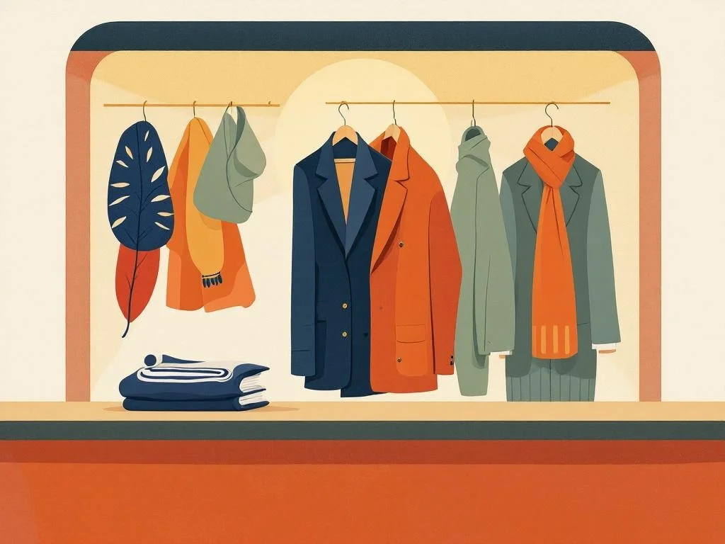 A coat-check counter at a club entrance, a folded coat on a hook, soft amber light above. Editorial illustration; calm, observational, no figures.
