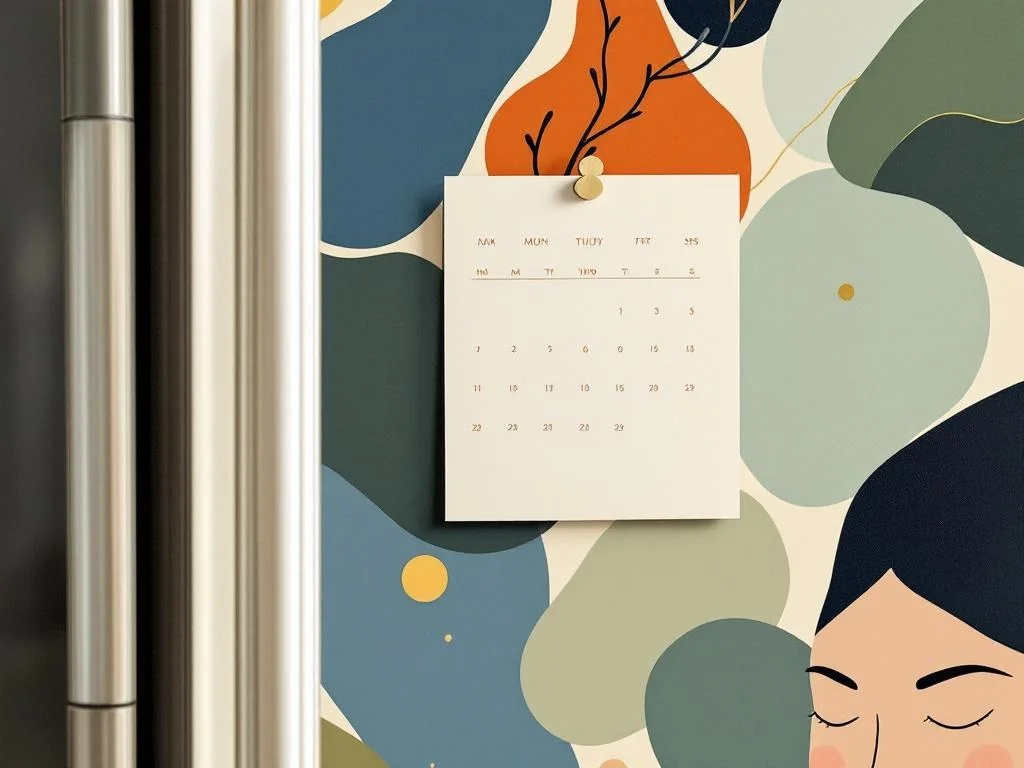 A small kitchen calendar on a fridge, magnetic, with three months visible — a few discreet markings, no clutter. The architecture as schedule. Editorial.