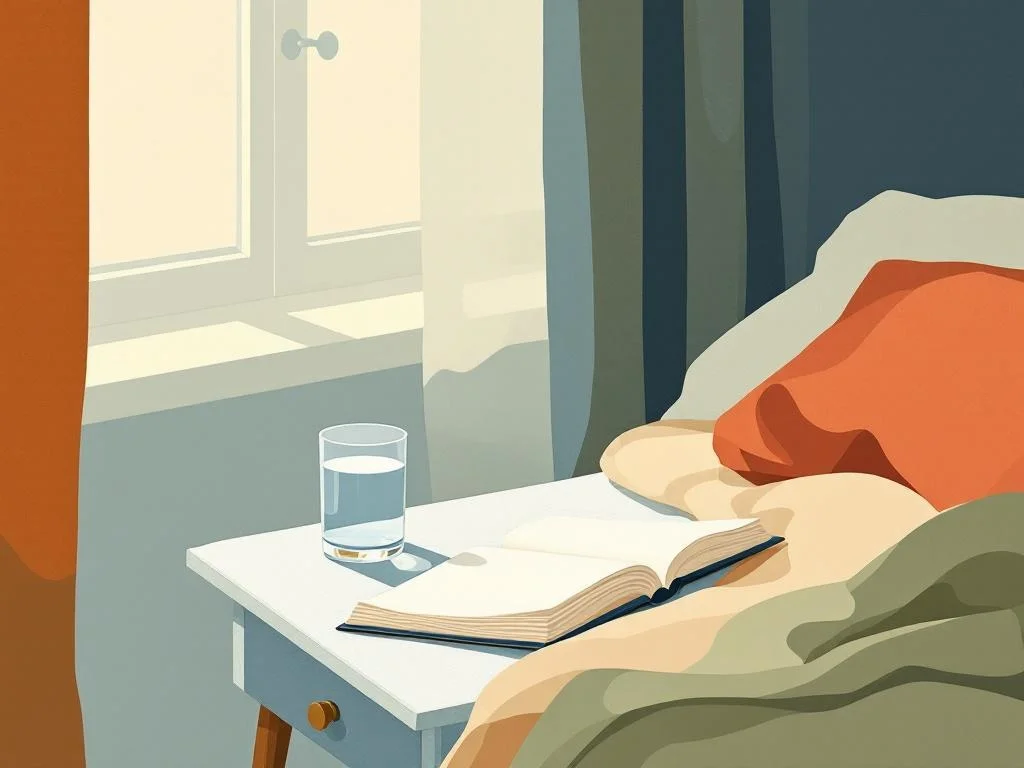 A small bedside table — a glass of water, a folded silk scarf, a paperback face-down. Soft afternoon light through curtains. Editorial illustration; calm, observational.