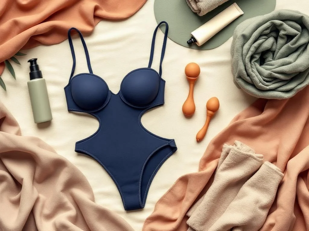A flatlay on linen — a fitted hip-strap harness, two silicone dildos of graduated sizes, a tube of silicone lube, a small steel plug, a folded towel. Editorial product still-life, calm, wine on cream tones.