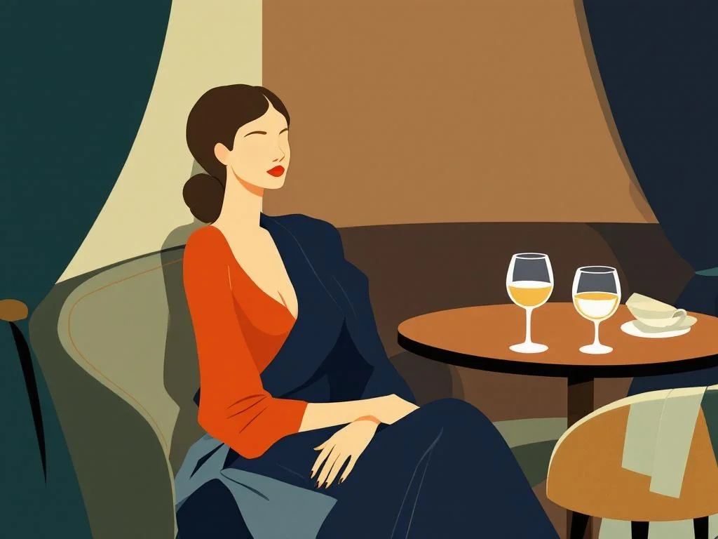 A hotel-bar booth at midnight — half-empty wine glasses, a coat folded across the seat, the corner of a hand on a thigh. Anticipation, not theatre. Editorial.