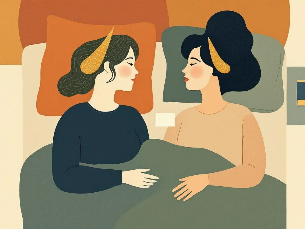 Two pillows on a bed, slightly apart — a small note in the centre, a closed book on the bedside table. The signal is structured intimacy, not absence. Editorial.