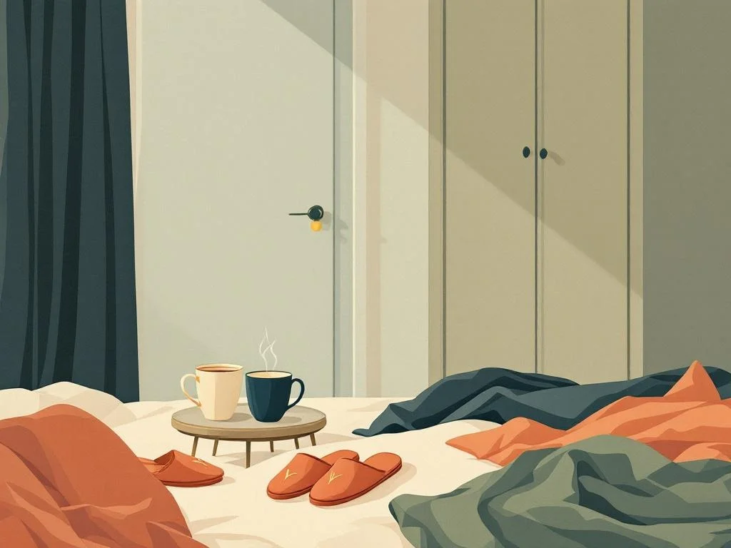A bedroom scene in soft evening light — three coffee cups on a small table, two pairs of slippers near a closed door, a folded throw blanket. Editorial, tender, deliberately not gendered. Wine on cream tones.