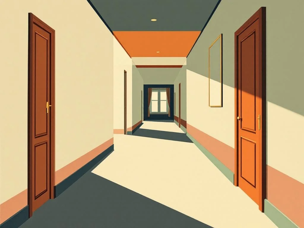 A long quiet hotel hallway, a closed door, late evening light through a window at the end. The signal is private architecture, not public spectacle. Editorial. No people.
