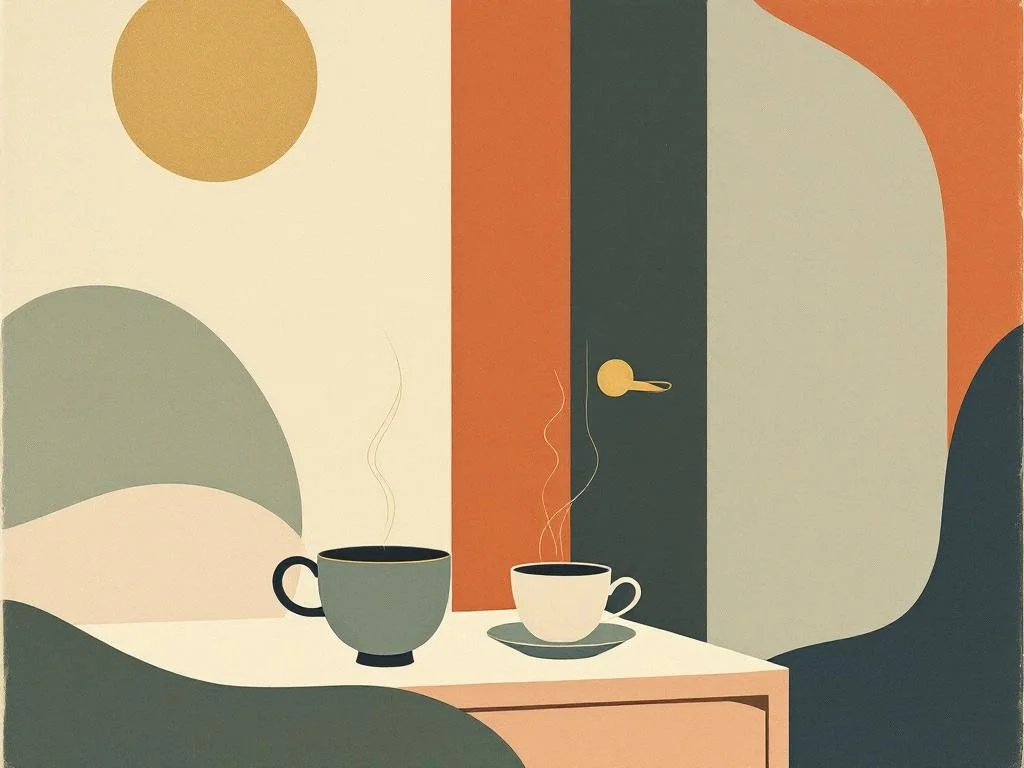 Two cups on a nightstand at dawn. Or a single bedroom door from inside, ajar. The signal is the moment between leaving and resuming, not either side. Etching, wine on cream.