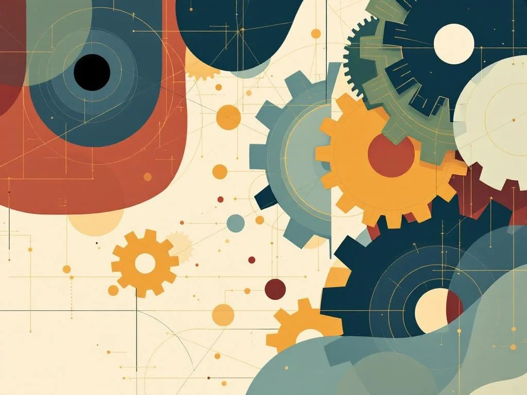 An architectural blueprint of interlocking gears, only some turning. Line-only, wine accent on cream. The metaphor is 'feeding the wrong engine.'