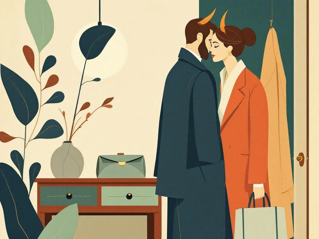 A small clutch on a hallway table next to a folded coat — the wife about to leave, the husband somewhere else in the house. Departure as protocol. Editorial.