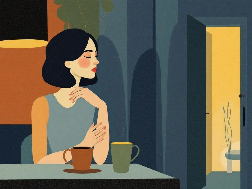 A kitchen at late evening — a half-cleared table, two coffee cups, a hallway visible in the background with one light still on. Domestic, careful, observational. Editorial illustration.