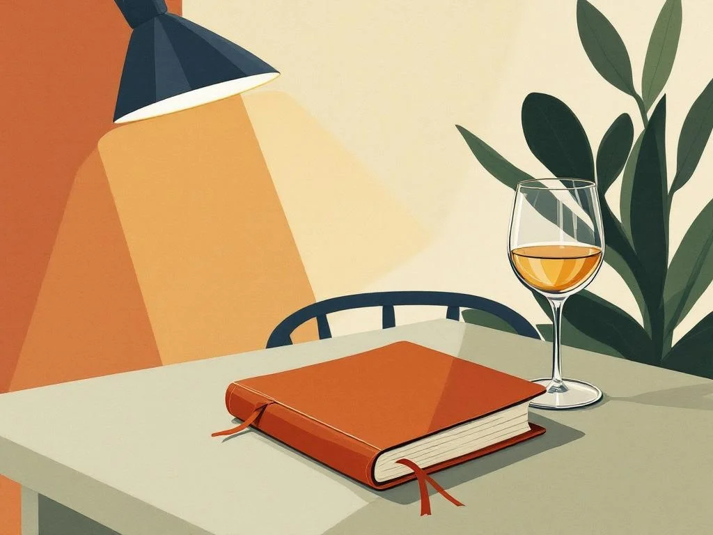 A worn leather notebook on a kitchen table, an empty wine glass beside it, late evening light from a single lamp. Domestic, archival, settled. Editorial illustration.
