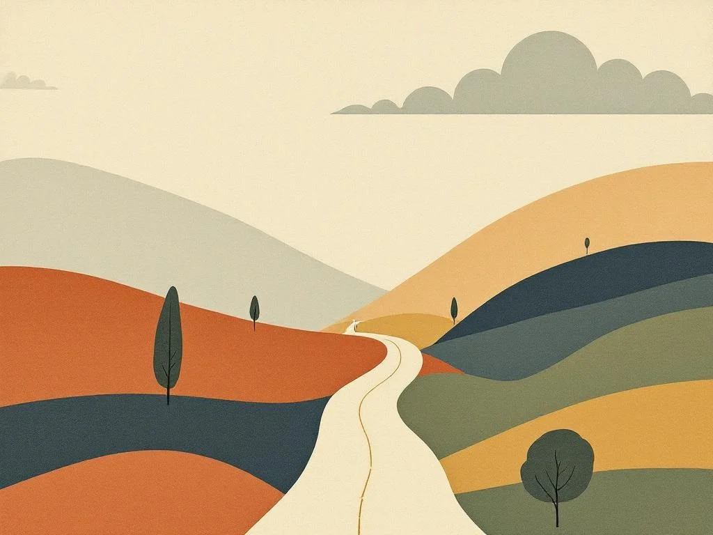 A long path drawn across an old map, four small mile-markers along it, soft afternoon light. The signal is the whole journey, not any single waypoint. Editorial.