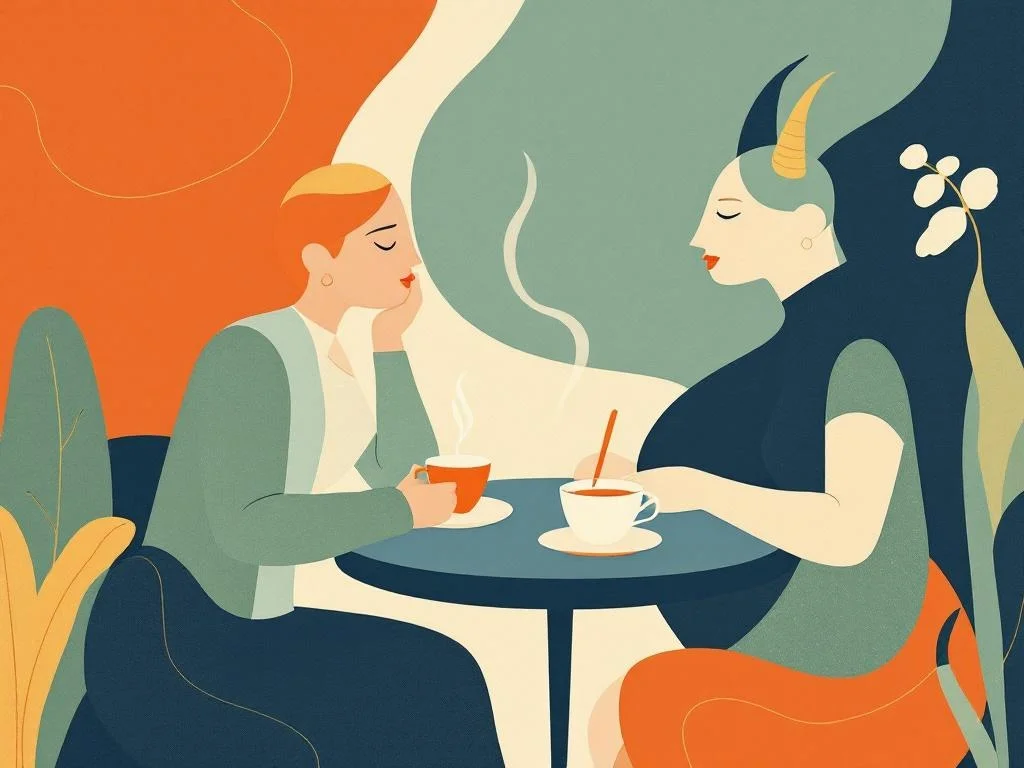 A small kitchen table, two cups of tea, an open notebook with a few items listed. A serious conversation between two adults, daylight, no urgency. Editorial.