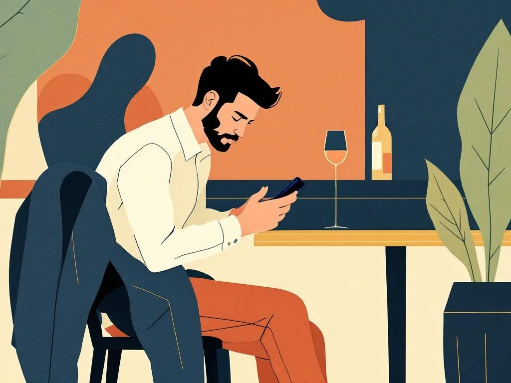 A man at a hotel-bar table, jacket over the chair, phone face-down — quietly waiting, neither nervous nor performing. Editorial.