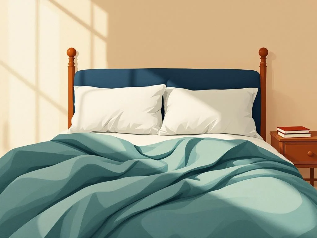 A made bed in late afternoon light, two pillows pristine, a paperback on the nightstand. Domestic, quiet, slightly too tidy. Editorial illustration.