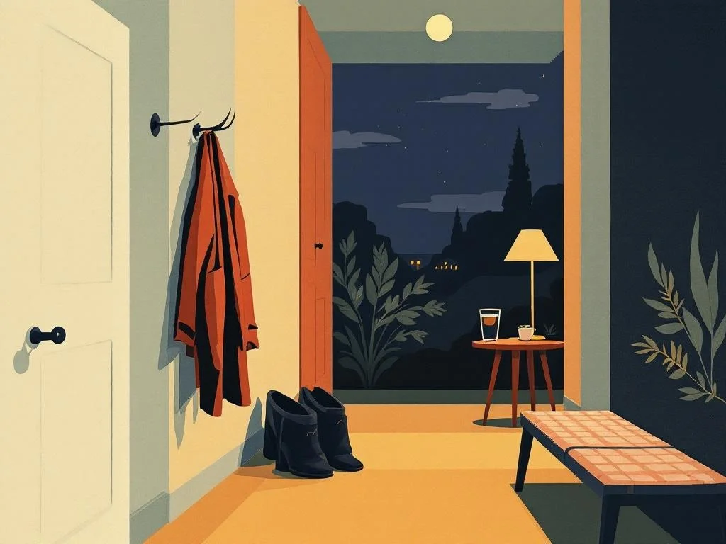 A front hallway at night, a coat hanging over a bench, a glass of water on a side table, a small lamp on. Quiet, expectant, prepared. Editorial.