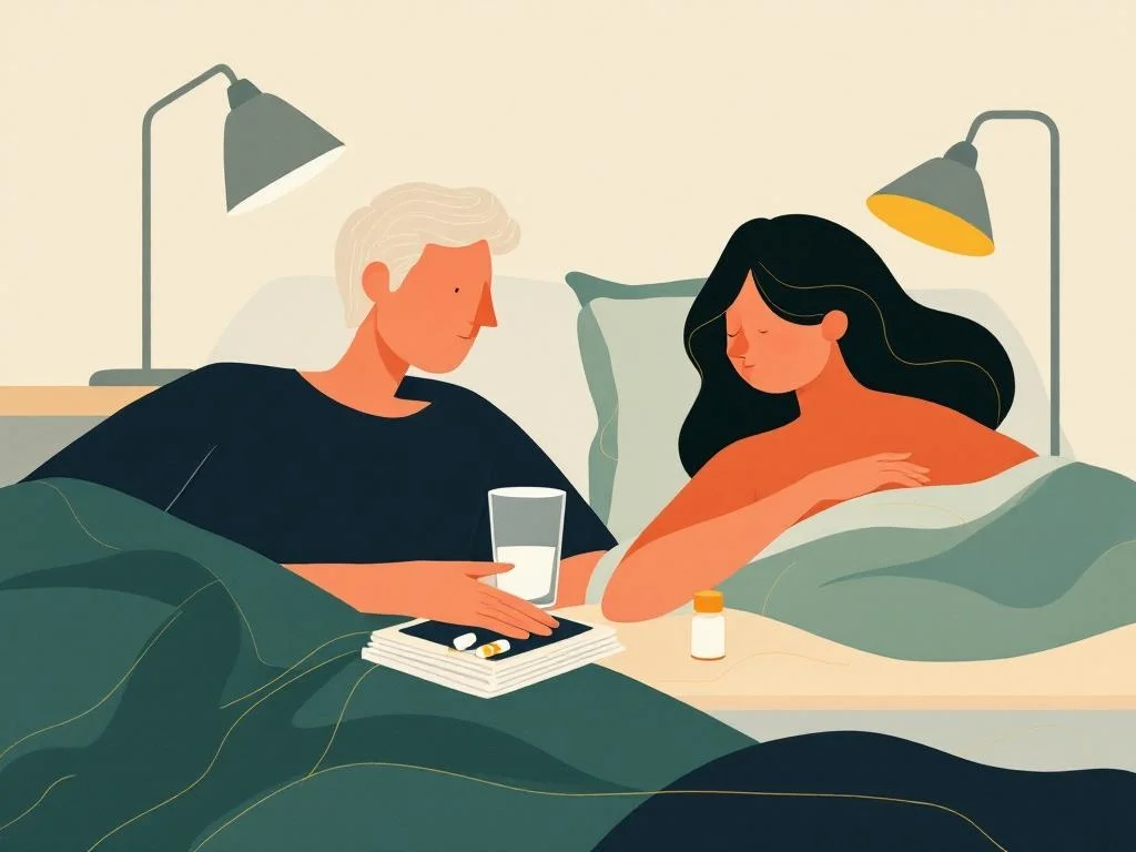 A bedside table at evening — a glass of water, a small pill bottle, a folded shirt, a soft warm lamp. The kit of a long-running marriage adapting to a body that has changed. Editorial, calm, wine on cream tones.