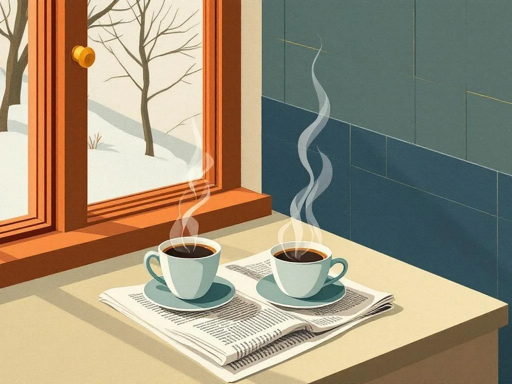 Two coffees on a kitchen counter at 9am — late winter light, no devices, a folded newspaper. Quiet, structured, ordinary. Editorial.