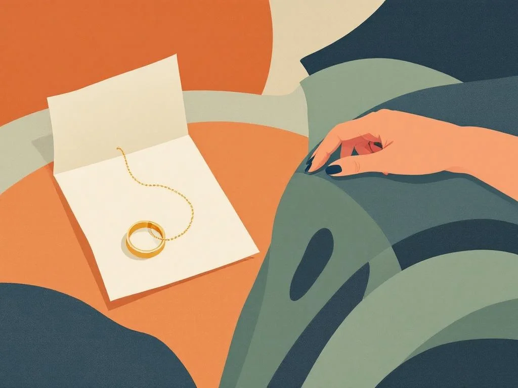A wedding ring on a bedside table, a thin chain necklace folded beside it, a folded note. Editorial. The signal is symbolic claim, not possession.