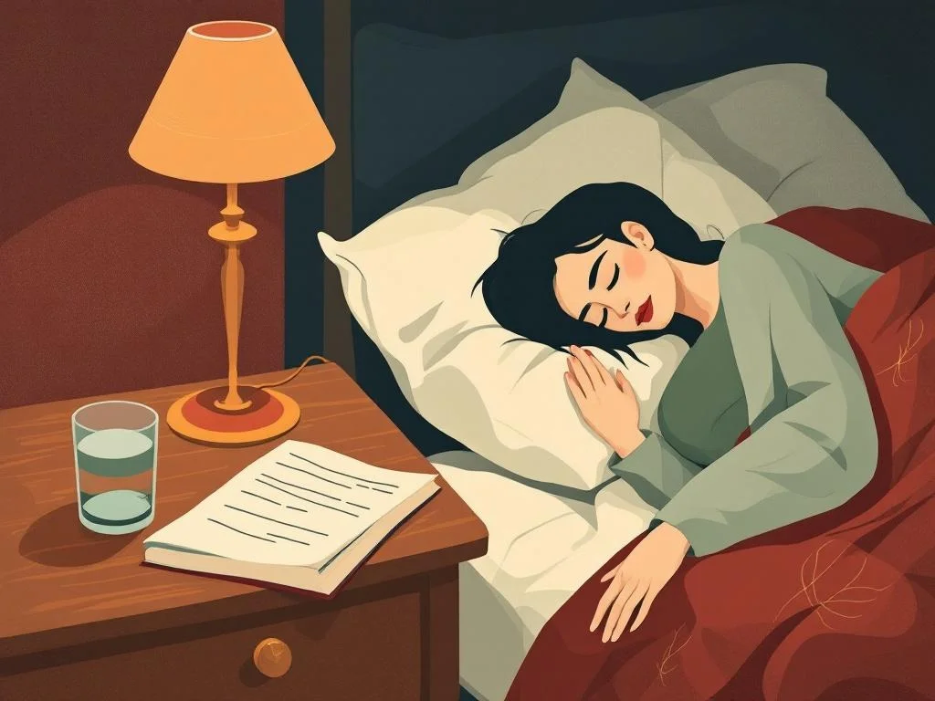 A bedside table at night — a glass of water, a half-folded paperback, the soft outline of an empty pillow next to a pregnant figure asleep. Domestic, late, intimate. Etching, wine on cream.