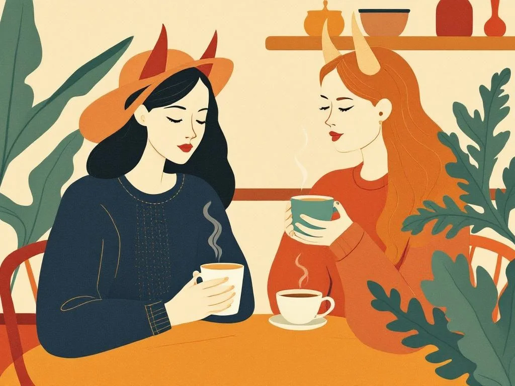 Two coffees on a kitchen table at the start of a slow morning — the conversation hasn't begun yet, both parties are present and considering. Editorial.