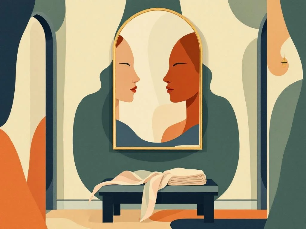 A long mirror at the end of a hotel corridor, a folded silk wrap on a bench beneath it, a single low lamp. The signal is being seen on the way to being seen. Editorial.