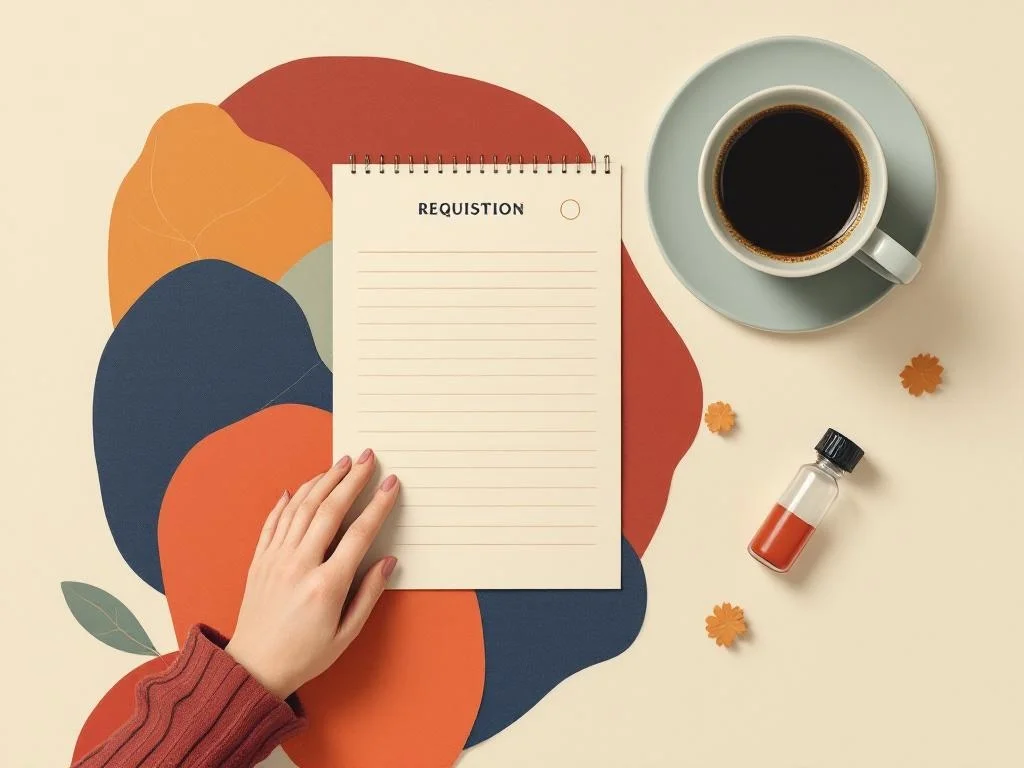 An overhead still-life — a small lab requisition slip, a vial cap, a folded calendar with a single circled date, a black coffee. Editorial, clinical-but-warm. Wine on cream tones.