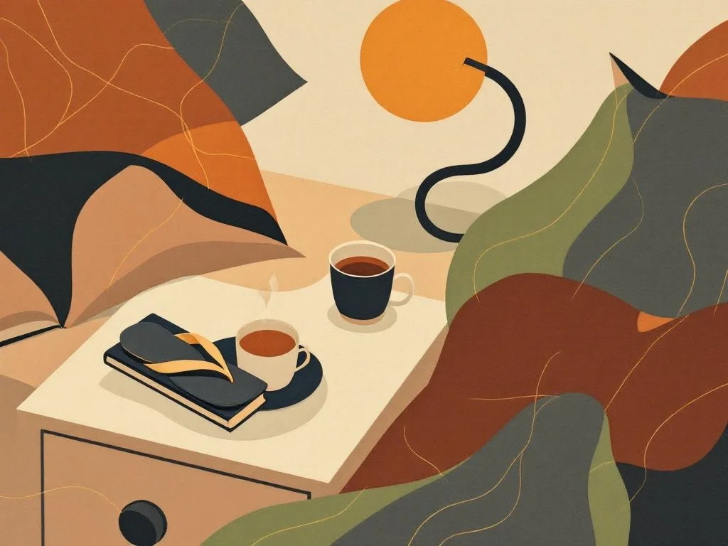 A bedside table — a folded thong on a small dish, a cup of tea, a closed paperback, a soft lamp. The minimum kit of a couple keeping the practice alive in a low-bandwidth season. Editorial, calm, wine on cream tones.