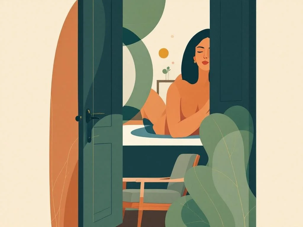A doorway with a view through it — a soft-lit bedroom seen from a chair in the next room. Frame, distance, attention. Editorial.