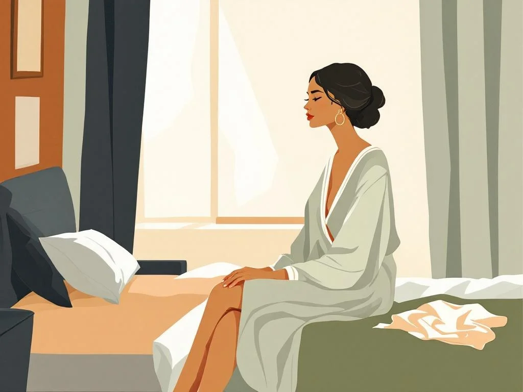 A woman in a soft robe at the edge of a bed, morning light through a window, an unmade bed and a folded slip of silk on the chair. Quiet, observational, embodied. Editorial.