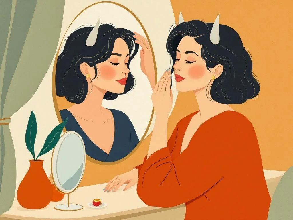 A woman in her fifties at a vanity mirror in early morning light, brushing her hair, a small ring on the table, an unhurried gaze. Composed, observational, the body she has now. Editorial.