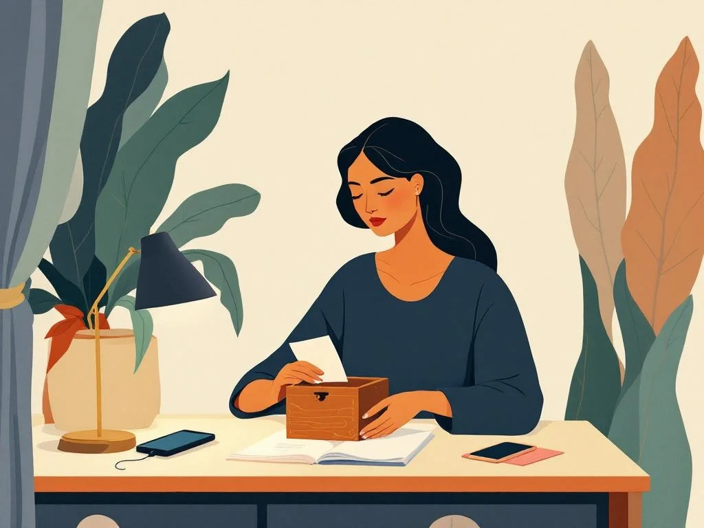 A woman closing a small wooden box on a dressing table — a folded slip, a phone face down, the lamp warm. Quiet, deliberate, an ending that is not a crisis. Editorial.