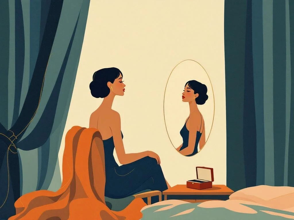 A bedroom mirror in lamplight — a dressing gown thrown over a chair, a small open jewellery box on the dresser. The room of a woman about to leave for an evening she is genuinely curious about. Editorial.