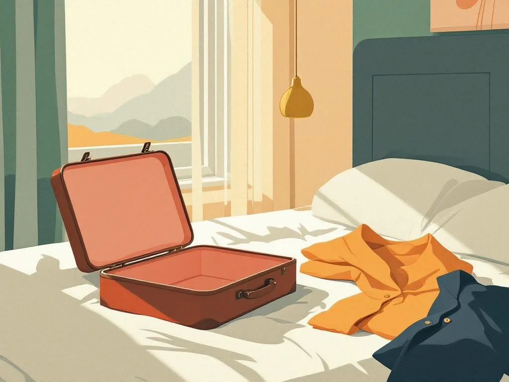 A small suitcase open on a hotel bed, a folded cardigan beside it, soft afternoon light through the window. Travel as architecture, not exception. Editorial.