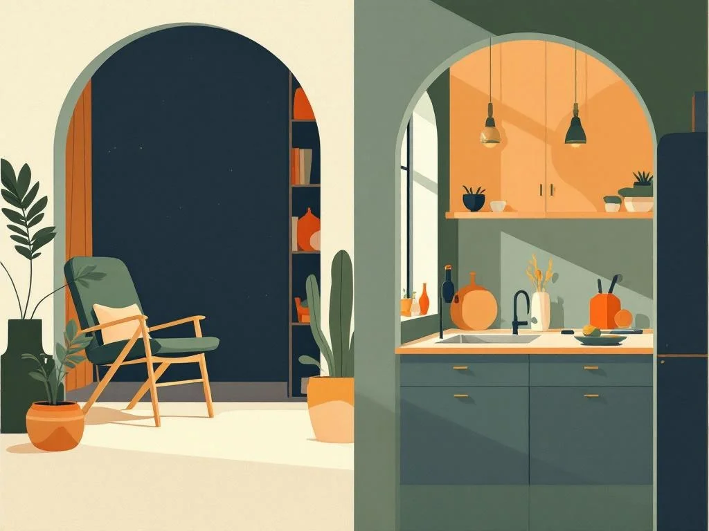Two frames in one image — a chair in a corner of a softly lit room on the left, an empty kitchen at home on the right. The same evening, two architectures. Editorial.